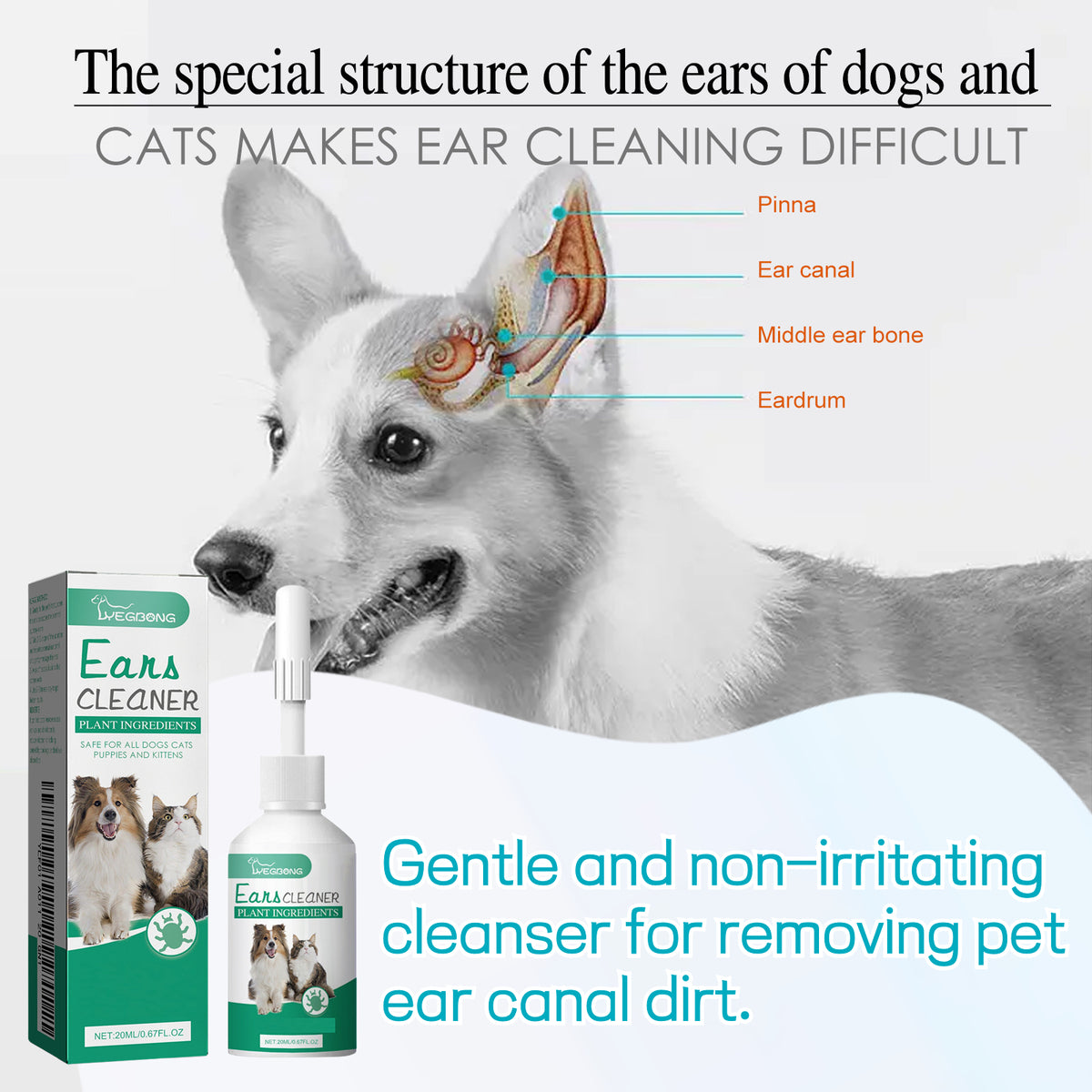 2pcs Pet Ear Cleaning Solution for Cats and Dogs | Gentle Removal of Ear Dirt, Cleans Ear Canals, Removes Debris, 2 X 60ml