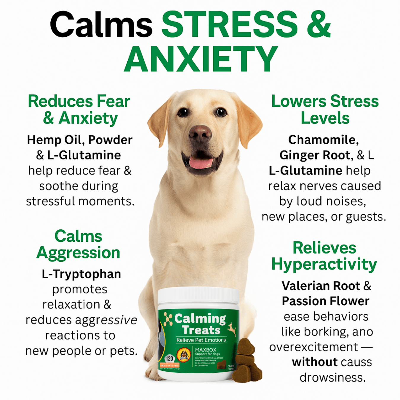 Calming Dog Treats - Dog Calming Tablets That Work, 120 Anxiety Relief Chews for Dogs, Naturally Relieves Stress, Barking, and Hyperactivity, Helping Pets Stay Calm During Fireworks and Thunderstorms