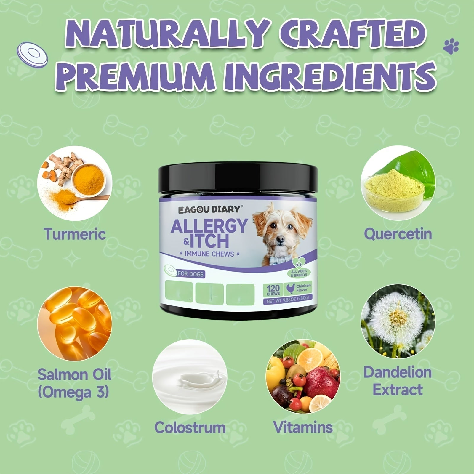 Dog Allergy Chews, with Hydrolyzed Protein, Omega-3 Complex, Probiotic Pro-6, Aloe Vera Polysaccharides + Chamomile, Zinc + B Vitamins, Suitable for All Breeds
