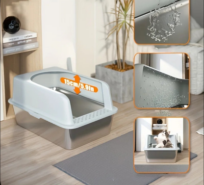 XL Stainless Steel Cat Litter Box with High Sides
