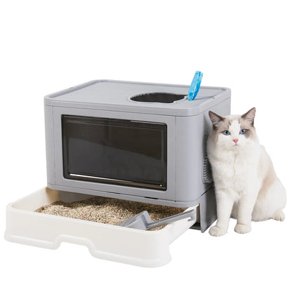 Foldable Cat Litter Box with Massager & Top Exit