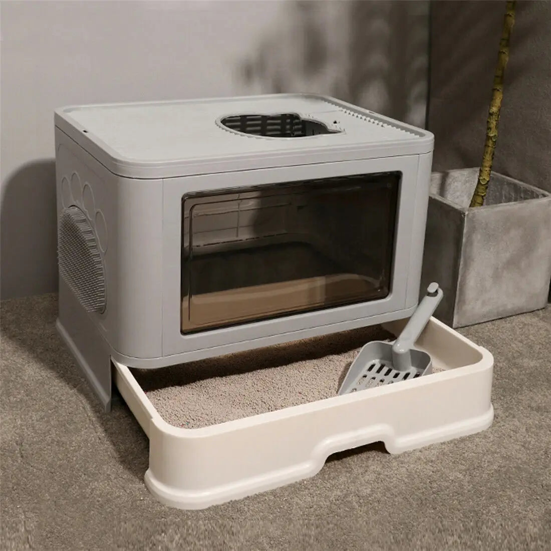 Foldable Cat Litter Box with Massager & Top Exit