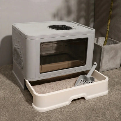 Foldable Cat Litter Box with Massager & Top Exit