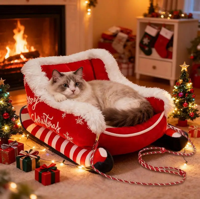 Cozy Christmas Pet Sleigh Bed - Warm & Washable