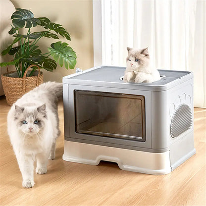 Foldable Cat Litter Box with Massager & Top Exit