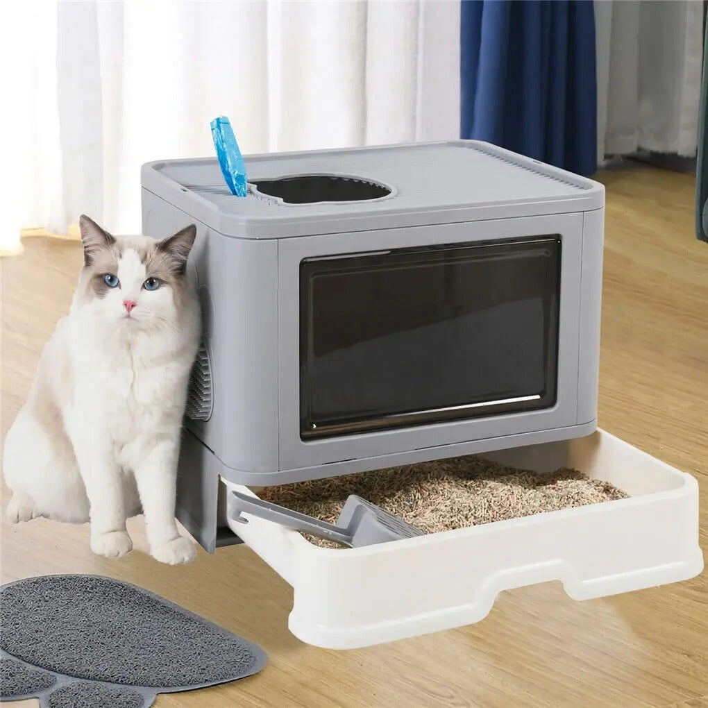 Foldable Cat Litter Box with Massager & Top Exit